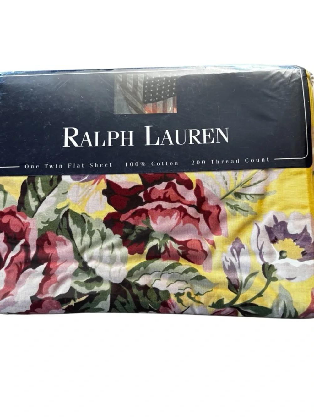 Vint NIP Ralph Lauren 100% Cotton Twin Flat Sheet Brooke Floral Yellow